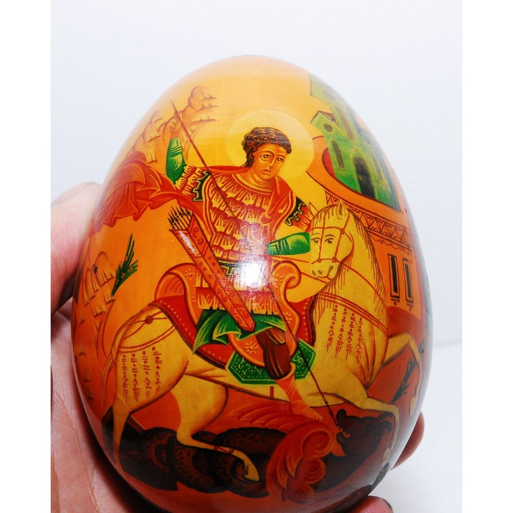 Rare Russian Orthodox St. George the Victorious Wood Egg Hand Painted Vintage
